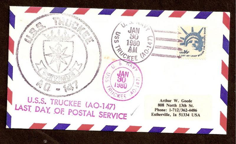 NAVAL COVER-U.S.S. TRUCKEE AO147 -LAST DAY OF POSTAL SERVICE