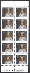 Canada #1358a 43¢ Queen Elizabeth II (1994). Pane of 10 stamps. MNH