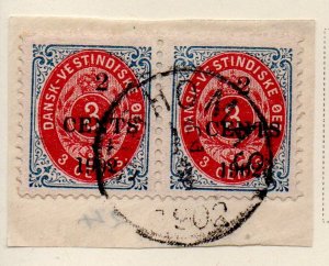 Danish West Indies Sc 24 1902 2c overprint on 3 c stamp pair on piece used
