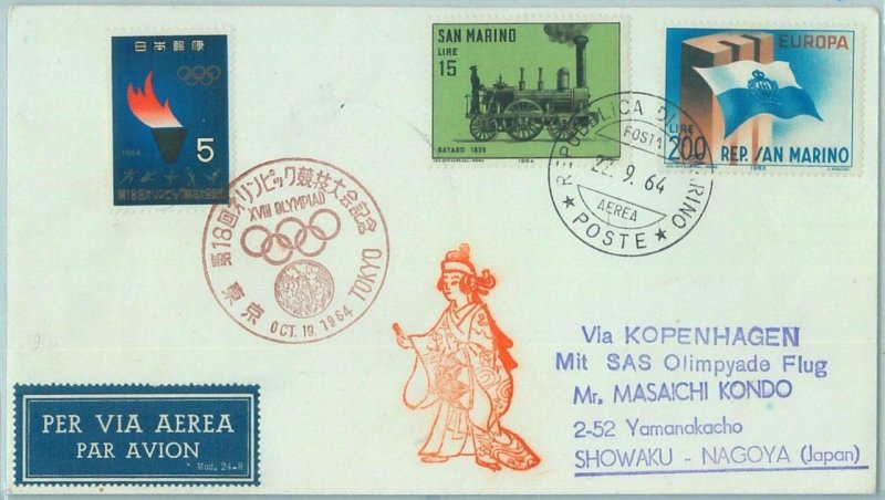 67993 - SAN MARINO - POSTAL HISTORY - 1964  Olympic  FLIGHT COVER via KOPENHAGEN