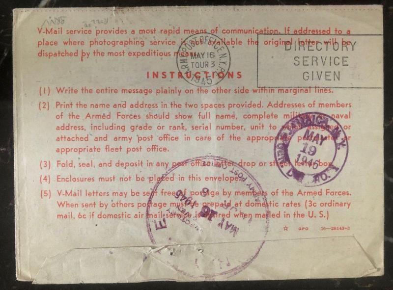 1945 New York Usa V Mail Letter Returned Cover Victory Stamp
