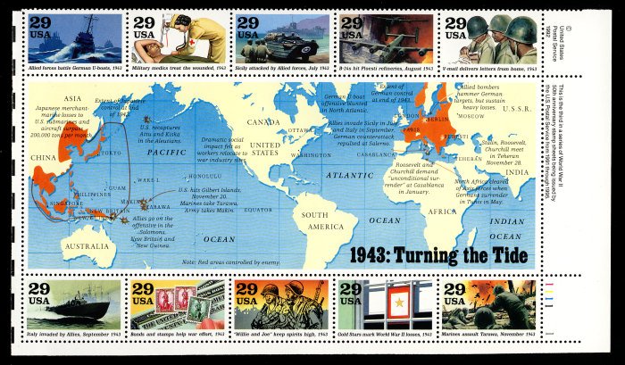 US #2765 1943 WORLD WAR II, 29c BLOCK of 10, VF/XF mint never hinged,  Collec...