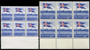 Iceland #313-314 Cat$72, 1958 Iceland Flag, set of two in blocks of six, neve...