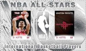 NBA All Stars Yao Ming, Houston Rockets Silver Stamp S/S Saint Kitts - 2007