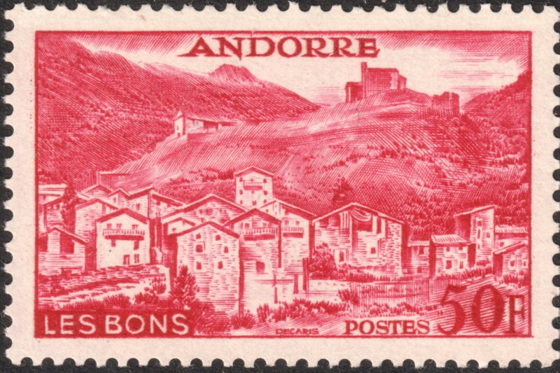 Andorra (French) #139  MOG - 50fr cerise Village of Les Bons (1955)