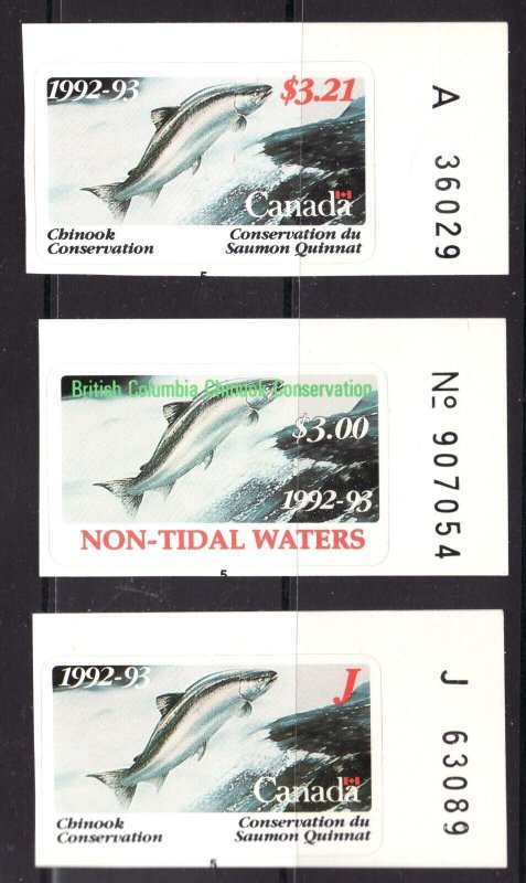 1992-93 British Columbia Chinook Conservation Stamps - Junior, Adult & Non Tidal