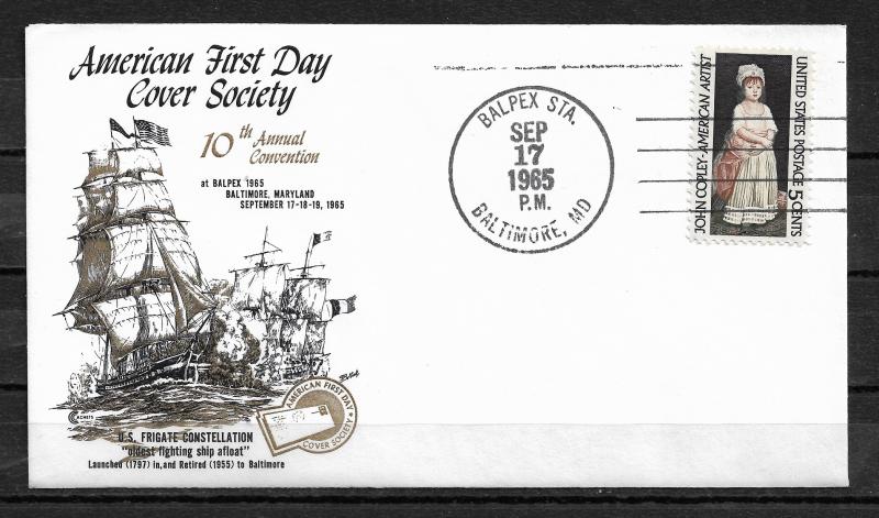 US 1965 FDC Gold Cachet Sailing Ships frigate USS Constellation,VF-XF !! (RN-4)