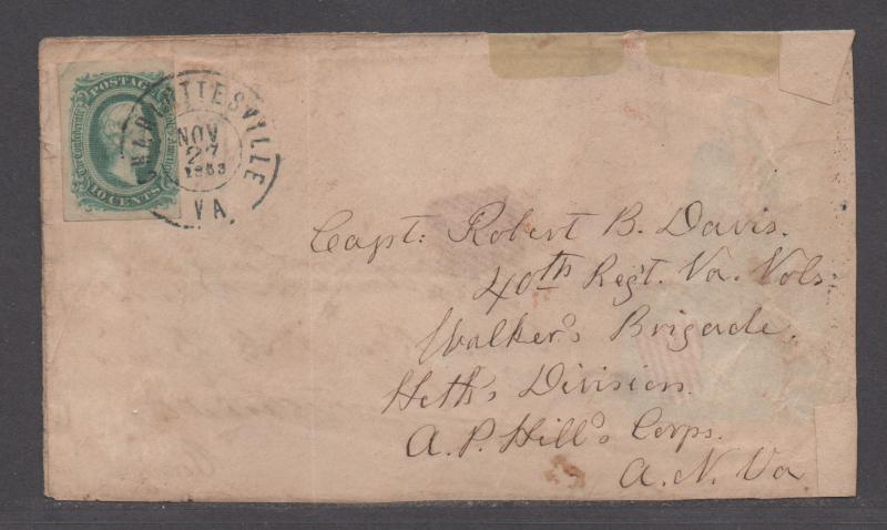 **CSA Cover, SC# 11, Charlottesville, VA, 11/27/1863, Turned Union Patriotic 