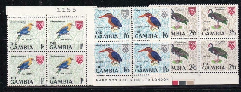 GAMBIA # 222-224 VF-MNH BLOCKS OF 4 BIRDS WITH CONTROL NUMBERS