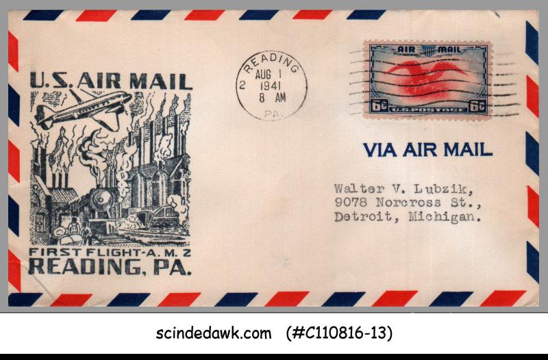 USA - 1941 U.S. AIR MAIL READING, PA to DETROIT MICHIGAN - FIRST FLIGHT COVER FF