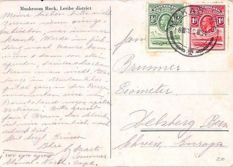  BN204 1934 Basutoland KGV Franking Postcard *Mushroom Rock* PPC Switzerland