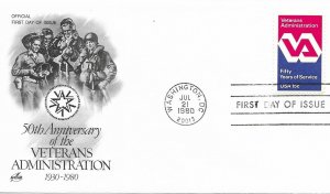 1980 FDC, #1825, 15c Veterans Administration, 4 diff. cachets