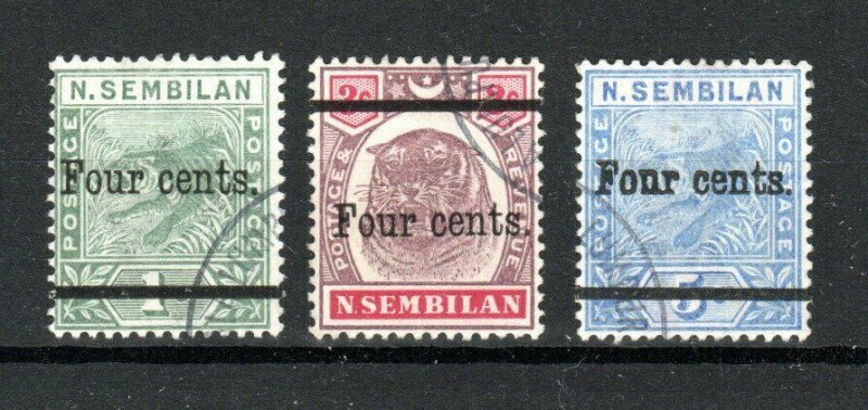 Malaysia - Negri Sembilan 1898-1900 4c on 1c, 4c on 3c and 4c on 5c surch FU CDS