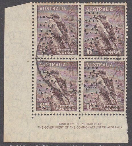 AUSTRALIA 6d Kookaburra imprint block of 4 used official perfin G/NSW.......2304