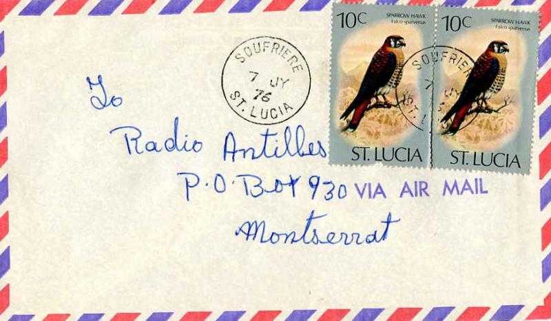 Saint Lucia 10c American Kestrel (2) 1976 Soufriere, St. Lucia Airmail to Mon...