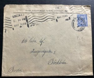 1920 London England Churchill & Sim Cover Perfin Stamp To Stockholm Sweden