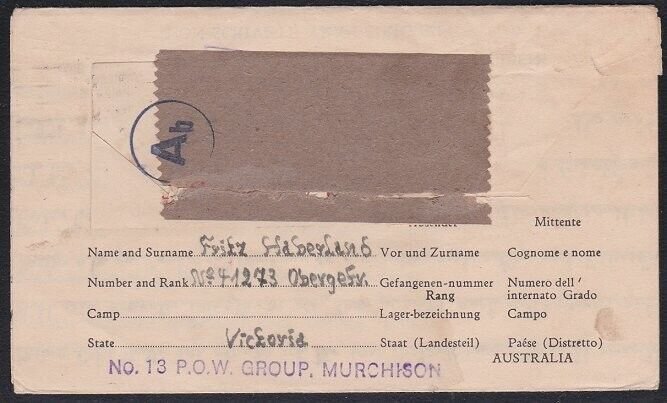 AUSTRALIA 1943 POW lettersheet Murchison Camp Melbourne to Germany.........A8367