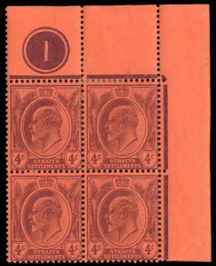 Straits Settlements #111 Cat$96, 1904 4c violet and red, plate number block o...