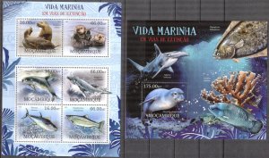 Mozambique 2012 Extinct Marine Life Fishes Dolphins Seals Sheet + S/S MNH