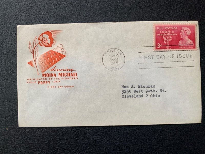 1948 FDC, Scott #977, 3c Moina Michael (Founder of Memorial Poppy)