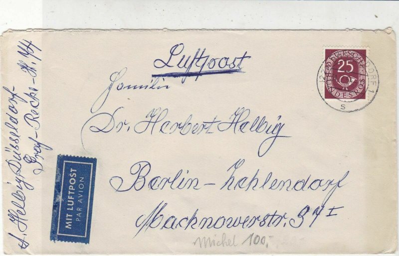 Germany Dusseldorf 1954 Airmail Numeral Posthorn Stamps Cover to Berlin Rf 32281