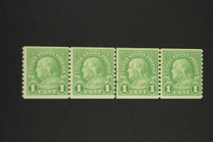 United States #597 Coil Strip of Four w/ Line Pair MNH