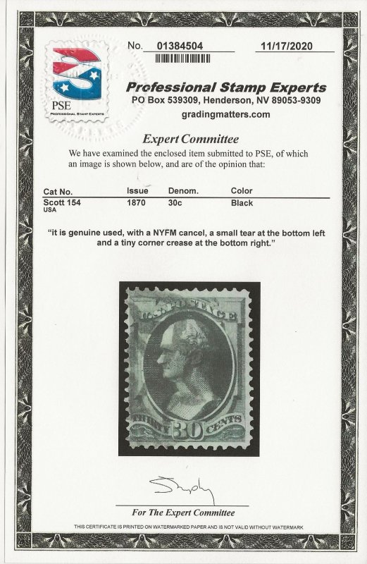 US #154 USED 30 Cent Alexander Hamilton 1870 with PSE Cert