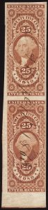 1233 U.S. Revenue Scott R43a 25-cent Bond imperf vertical margin pair SCV=$750