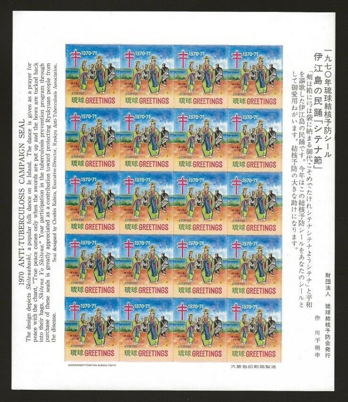 Ryukyu Islands | Japan 1970 #WX19a Xmas TB Seal Pane Sheet IMPERF VF-NH CV $7.00