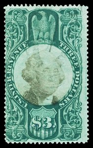 Scott R147 1872 $3.00 Third Issue Revenue Fine Cut Cancel Cat $35