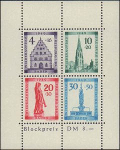 German Occupation Stamps - Baden #5NB8a, Complete Set, Sheet of 4, 1949, Neve...