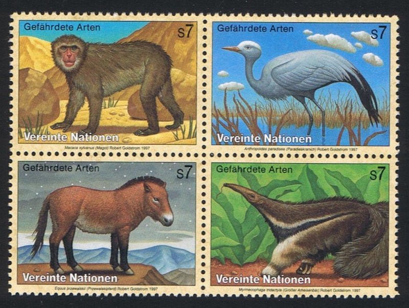 UN Vienna Birds Ape Stork Horse Anteater 4v Block of 4 1997 MNH SC#217a