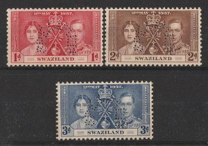 SWAZILAND : 1937 KGVI Coronation set 1d-3d perf SPECIMEN. MNH **.