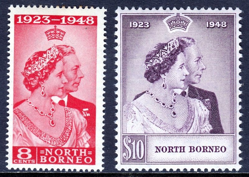 NORTH BORNEO — SCOTT 238-239 — 1948 SILVER WEDDING SET — MH — SCV $35.30