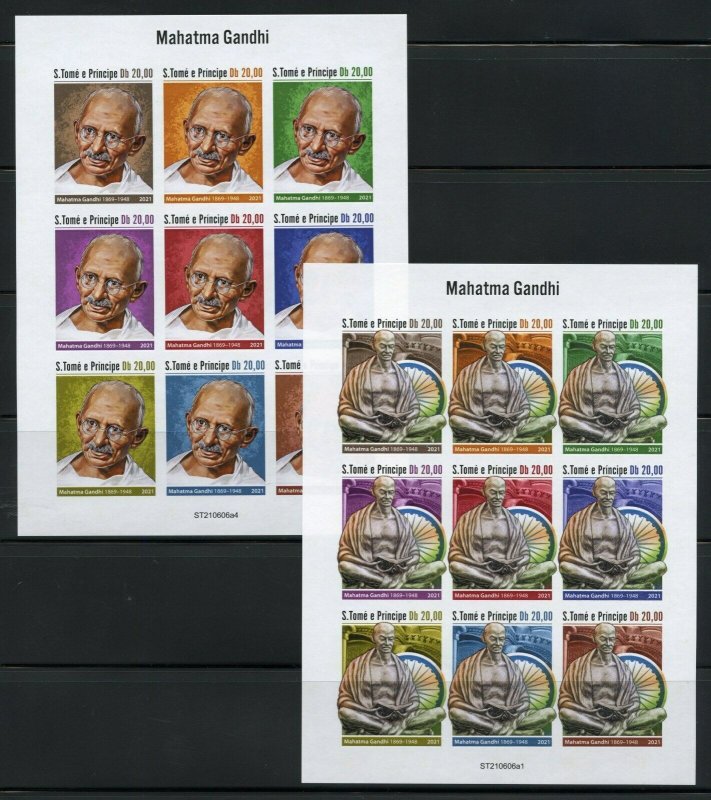 SAO TOME 2021 MAHATMA GANDHI SET OF FOUR IMPERFPORATE SHEETS MINT NEVER HINGED