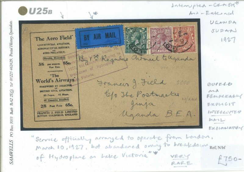 GB KGV Cover 1927 Uganda AIR CRASH MAIL Superb Rare HYDROPLANE Explanatory U25b