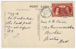 Barbados 1927 G.P.O. cancel on postcard to the U.S.