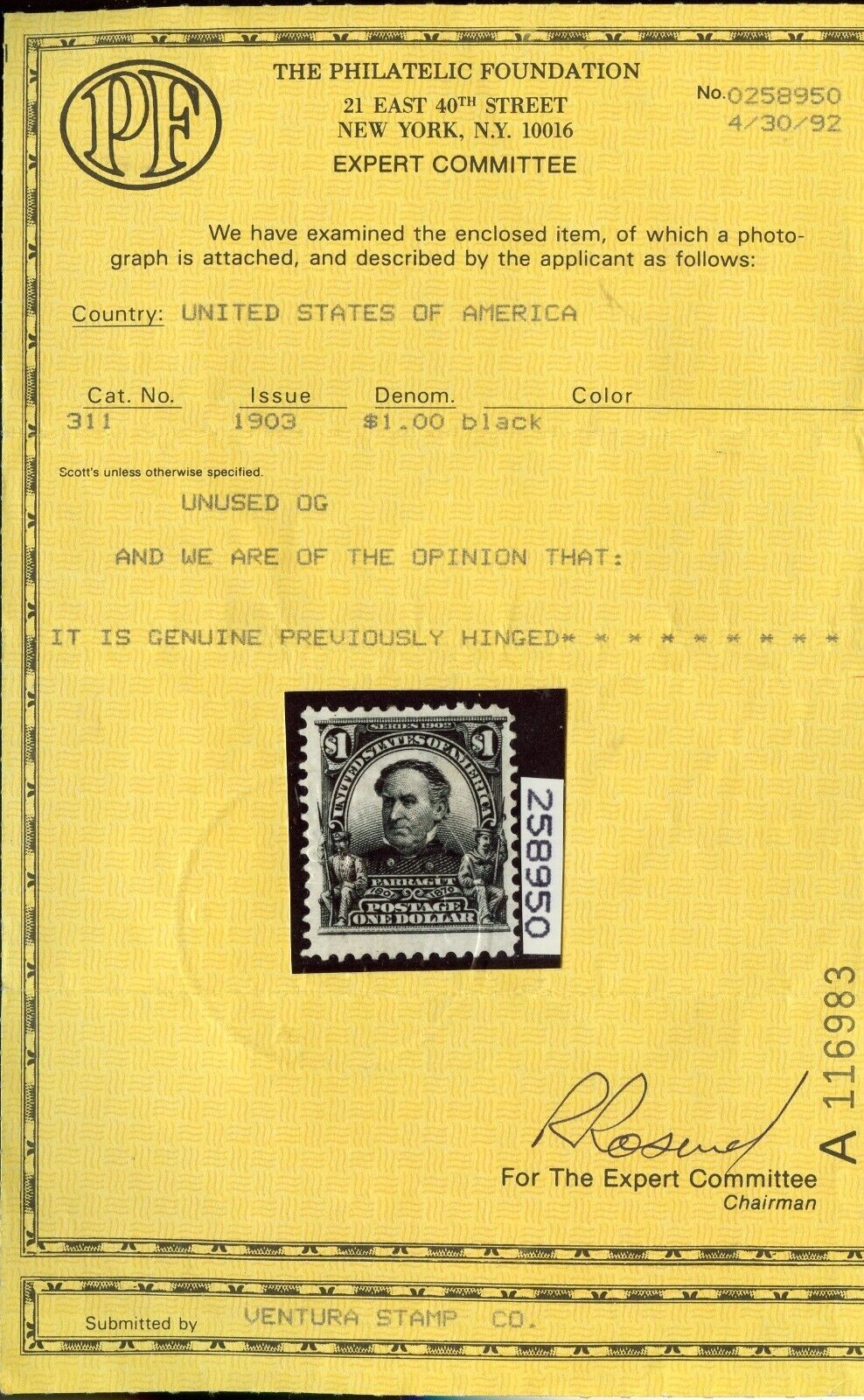 United States Scott 311 1 Farragut F/VF With PFC Cert Mint Hinged