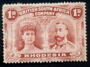 RHODESIA #102b, 1p rose carmine, p. 15, og, hinged, thin, Scott $350.00