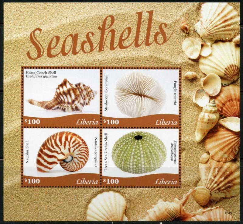 LIBERIA 2016 SEASHELLS  SHEET OF FOUR  MINT NH