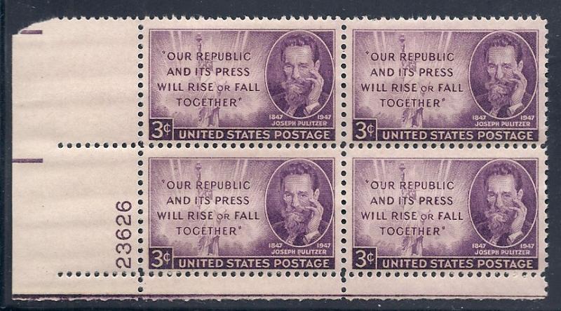 US #946 Joseph Pulitzer 3c  Plate  block of 4 (MNH) CV$1.00