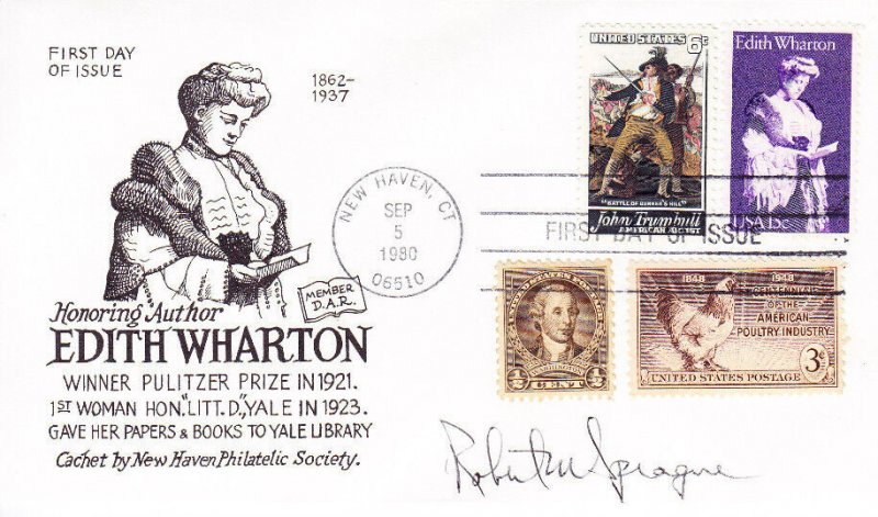 New Haven Philatelic Society Cachet Signed Combo FDC #1832 Edith Wharton 1980