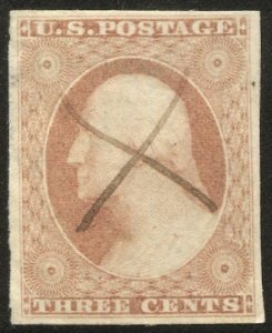 US 1851  Sc 10A 3c orange brown Used VF, pen cancel, cv $150