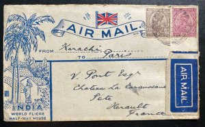 1929 Karachi India First Flight Airmail cover FFC To Herault France