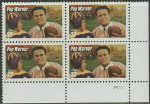 1997 Pop Warner Plate Block of 4 32c Postage Stamps, Sc# 3149, MNH, OG