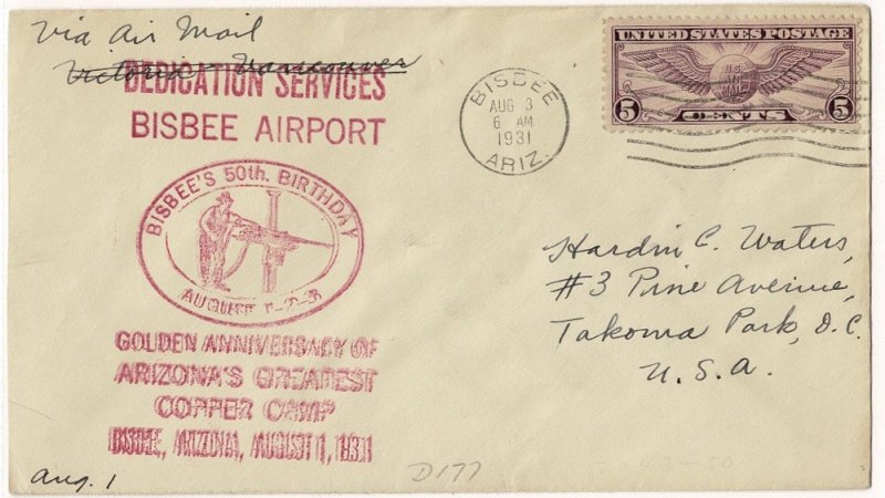 USA 1931 flight cover Bisbee AZ dedication