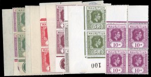 Mauritius #211-222 Cat$508, 1938-43 George VI, complete set in blocks of four...