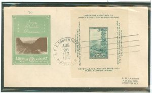 US 797 1937 10c Smoky Mountains Farley mini-sheet on an addressed (hand stamp) first day cover with an Ioor cachet.