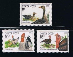 GOOSE, TURKEY, ROOSTER = FARM BIRDS = full set of 3 = Russia 1990 #5909-11 MNH