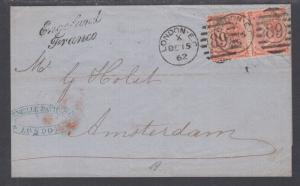 Great Britain Sc 34 pair on 1862 Cover, London-Amsterdam, Holland via France
